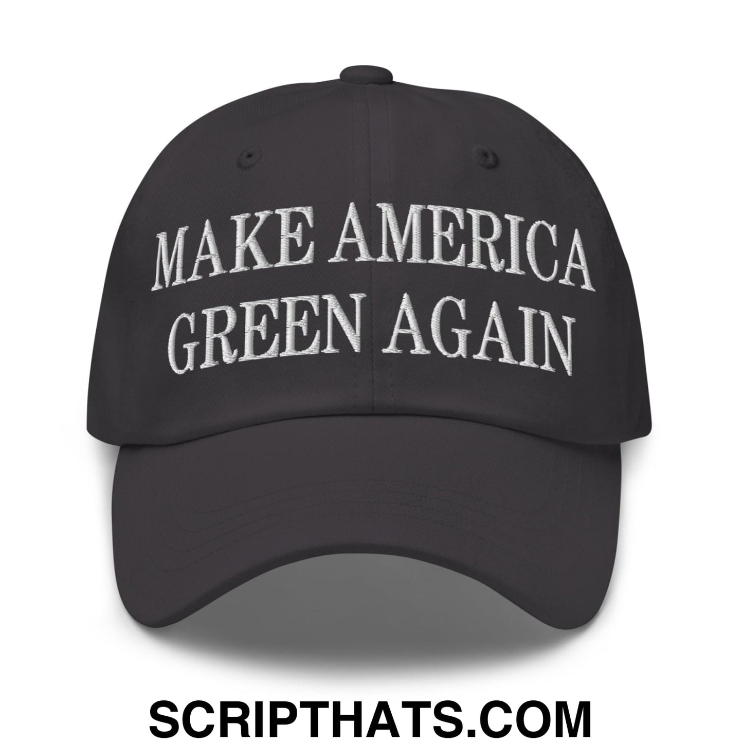 Black unstructured dad hat with white embroidered make america green again text for casual outdoor use