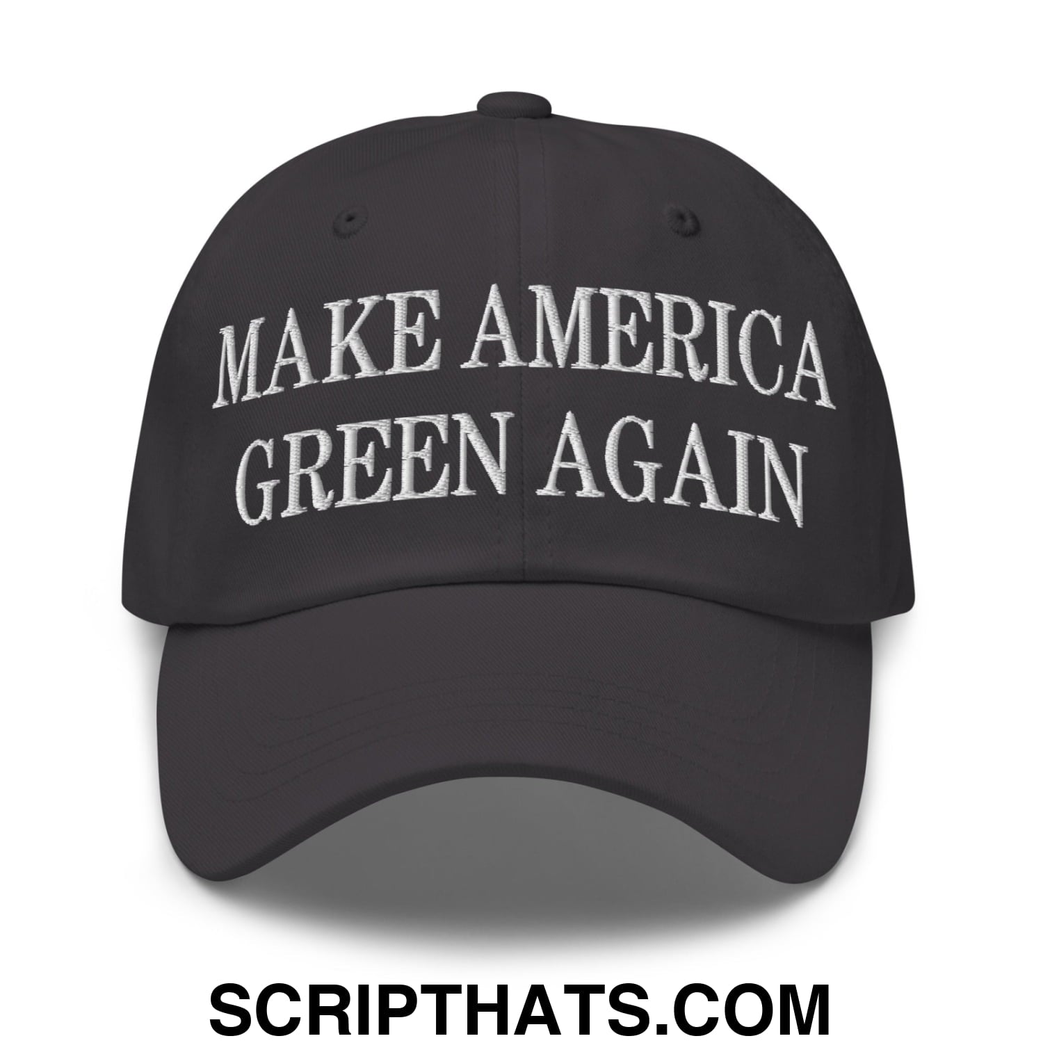 Black unstructured dad hat with white embroidered make america green again text for casual outdoor use