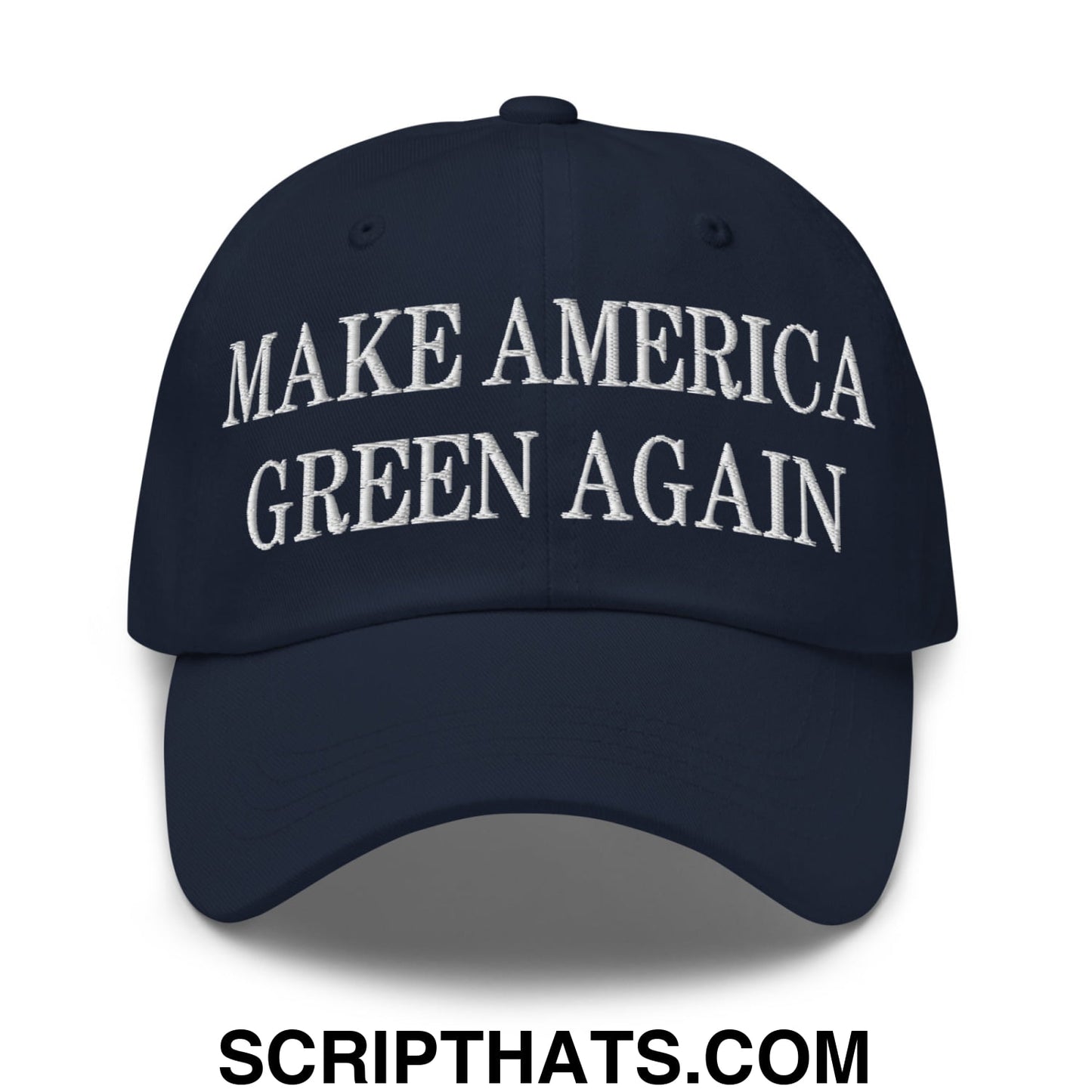 Navy blue unstructured dad hat with white embroidered make america green again text for casual wear