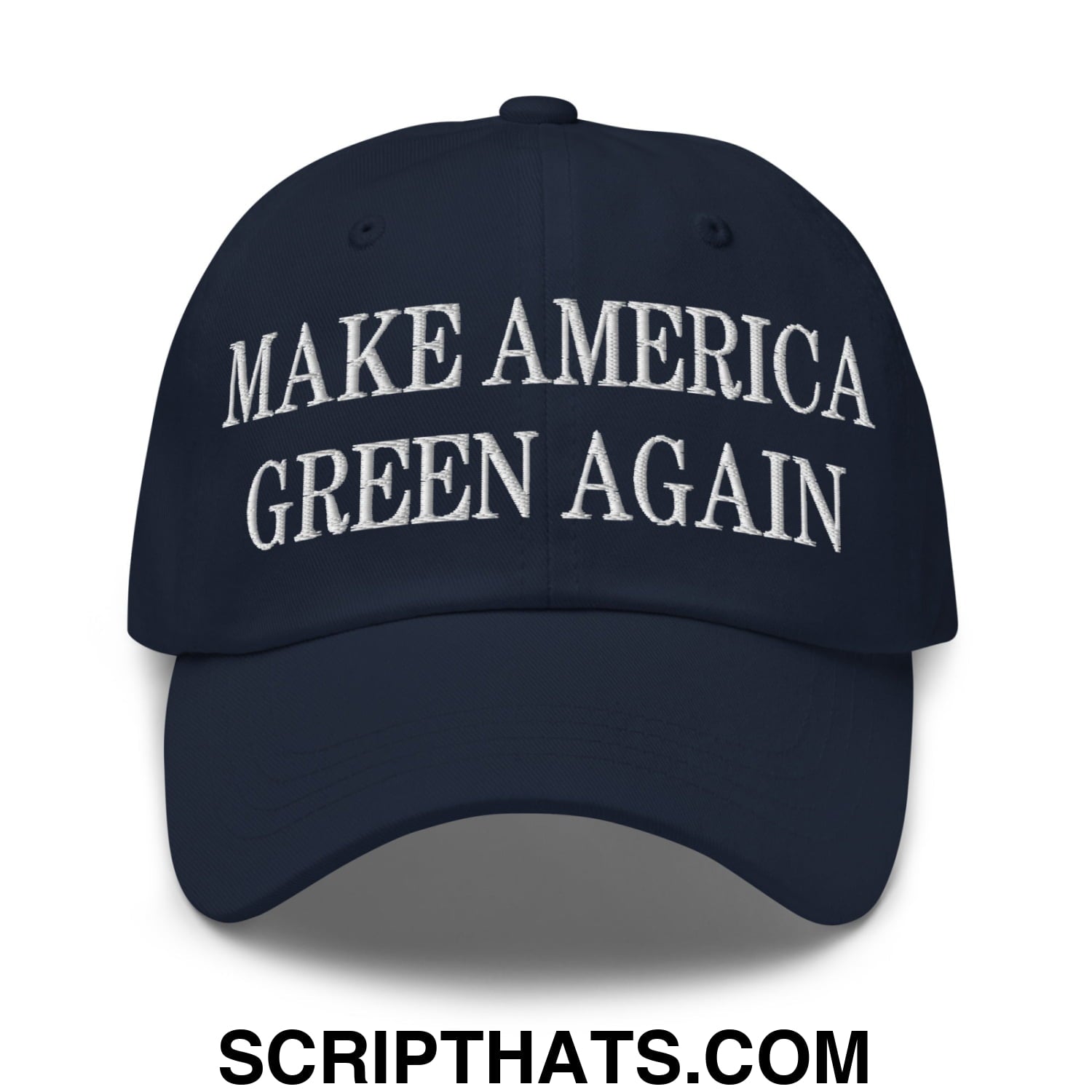 Navy blue unstructured dad hat with white embroidered make america green again text for casual wear
