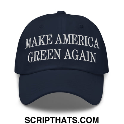 Navy blue unstructured dad hat with white embroidered make america green again text for casual wear