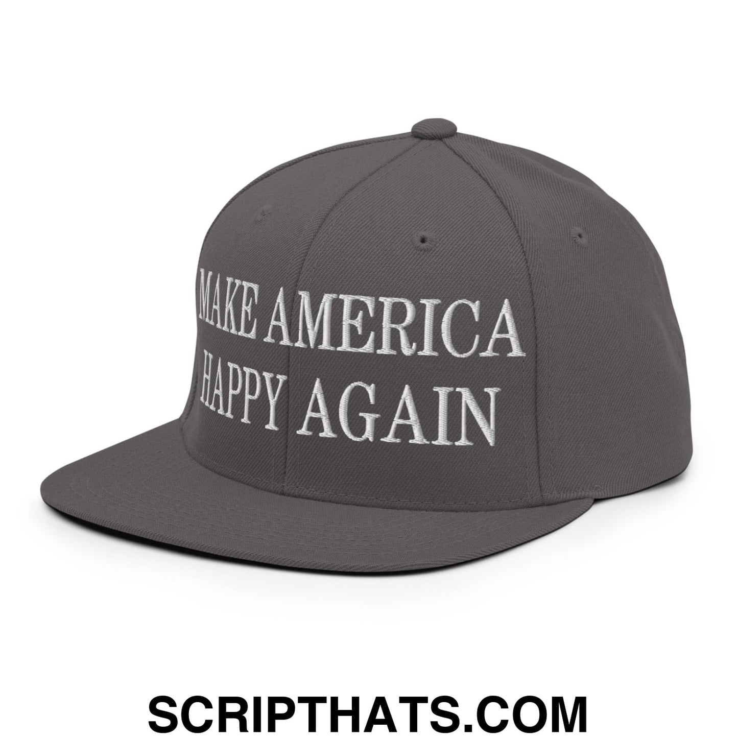 Gray snapback hat with white embroidered make America happy again text and flat bill brim design