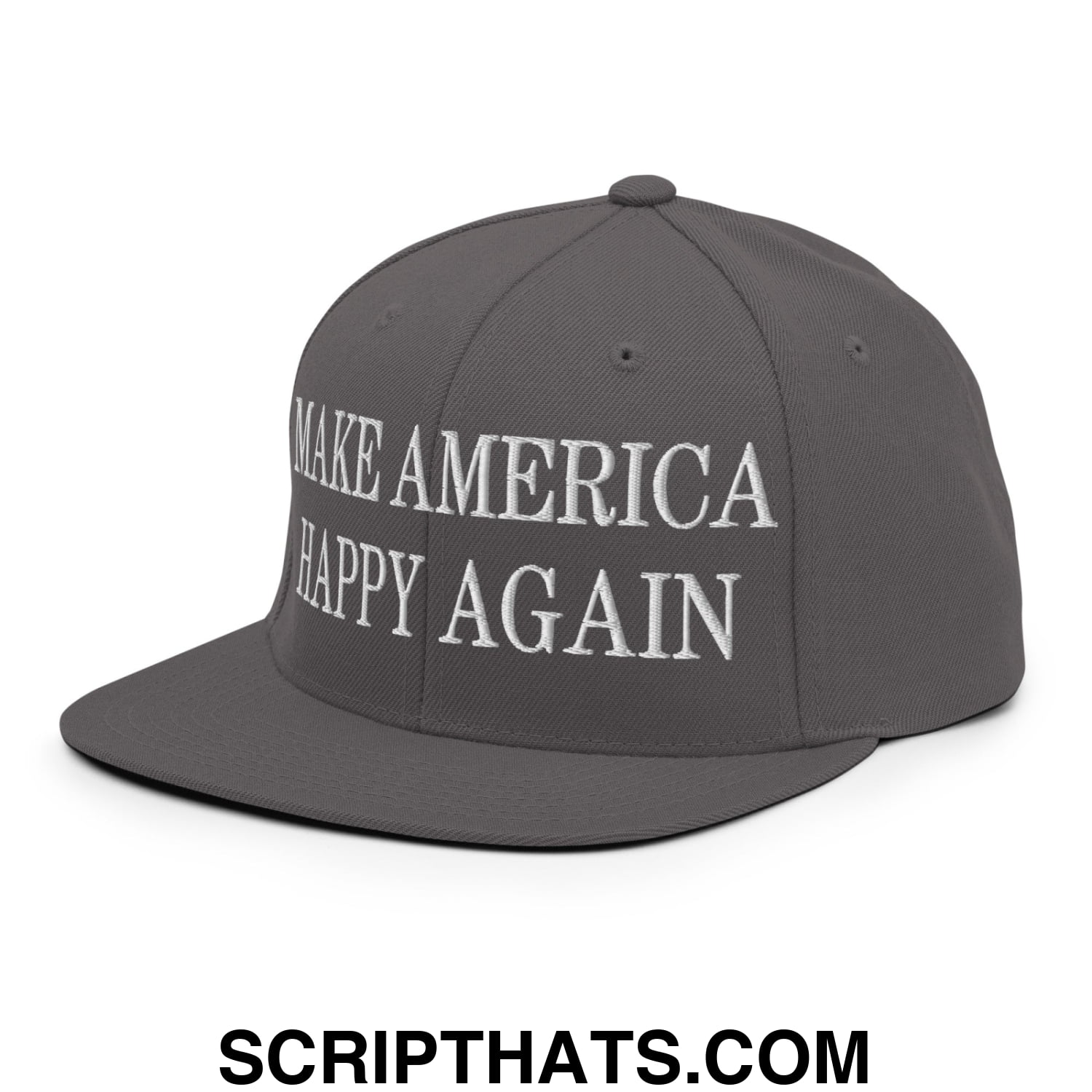 Gray snapback hat with white embroidered make America happy again text and flat bill brim design