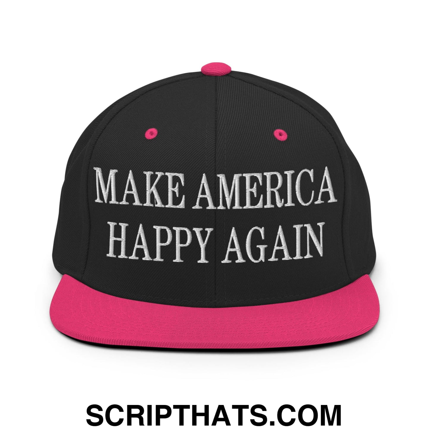 Black snapback cap with vibrant pink brim and button and white embroidered make america happy again text