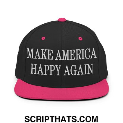 Black snapback cap with vibrant pink brim and button and white embroidered make america happy again text