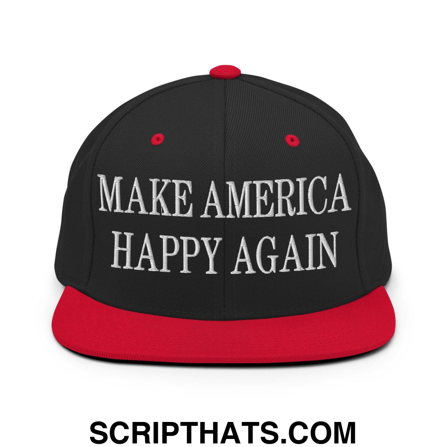 Make America Happy Again embroidered black and red snapback hat with flat bill brim and white text