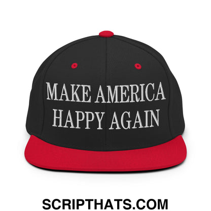 Make America Happy Again embroidered black and red snapback hat with flat bill brim and white text