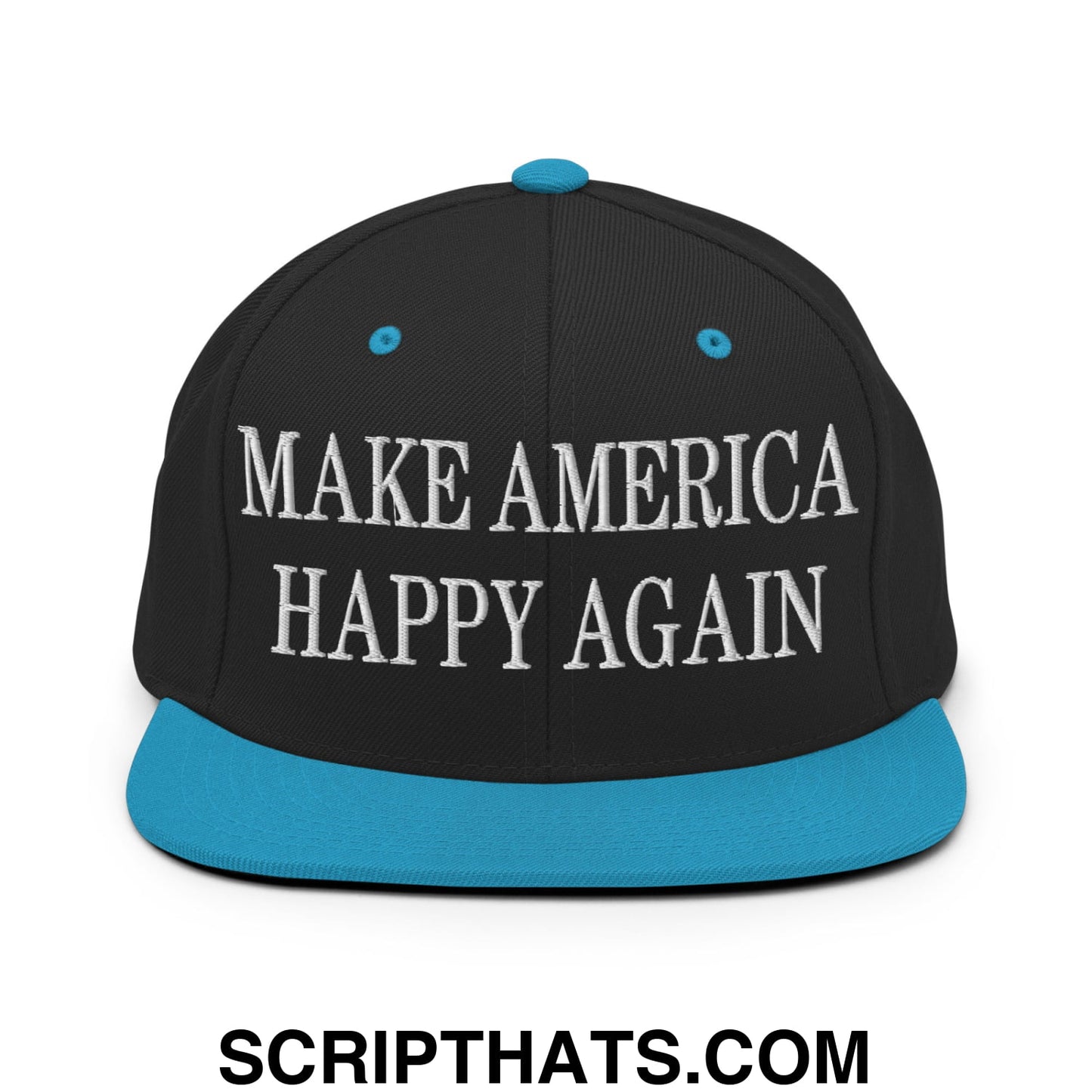 Black snapback cap with bright blue brim and button featuring white embroidered make america happy again text
