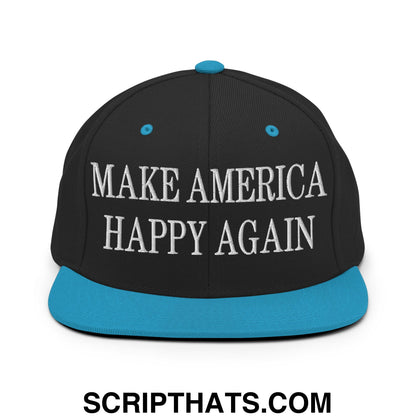 Black snapback cap with bright blue brim and button featuring white embroidered make america happy again text