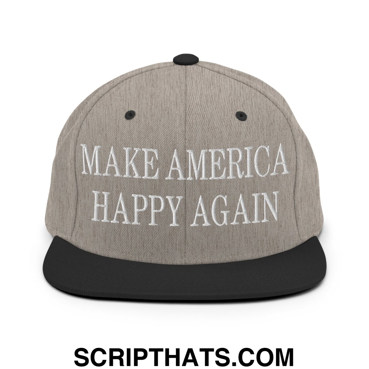Gray make america happy again embroidered flat bill snapback hat with white text and a black brim