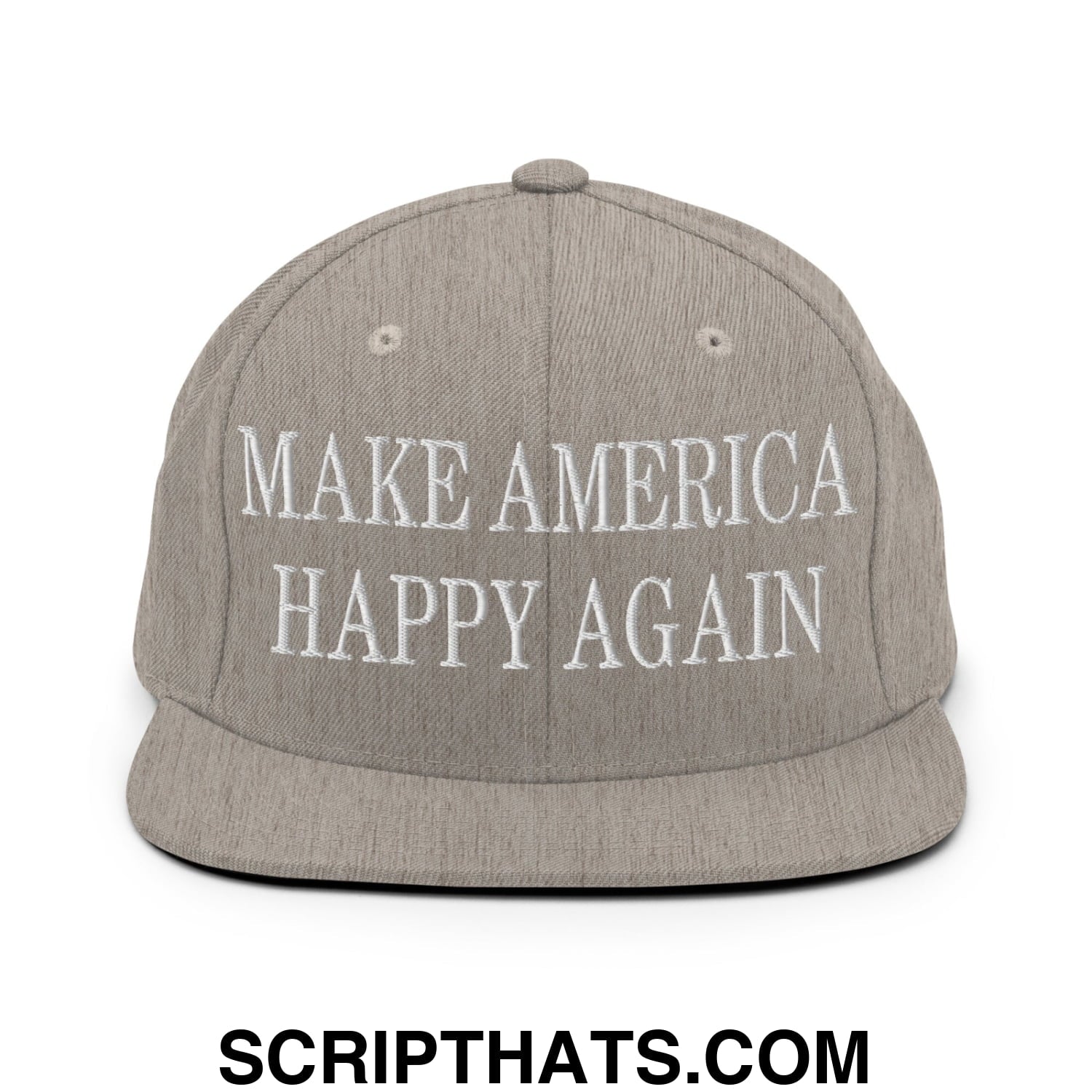 Gray snapback hat with white embroidered make America happy again text and flat bill brim for casual wear