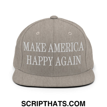 Gray snapback hat with white embroidered make America happy again text and flat bill brim for casual wear