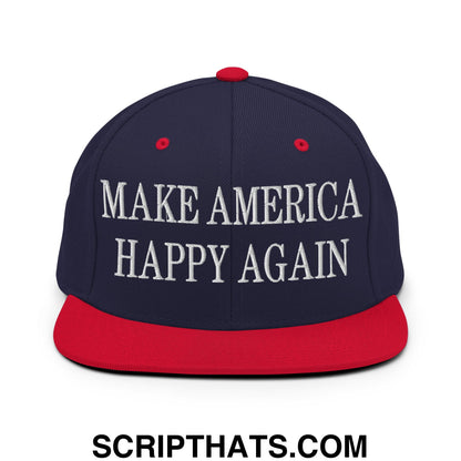 Navy blue and red snapback hat with white embroidered make america happy again text and flat bill brim