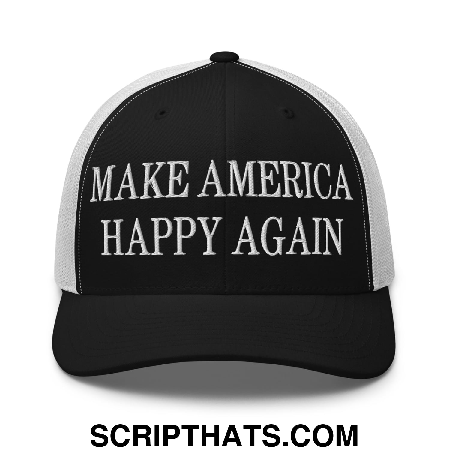 Black and white mesh trucker hat with make america happy again embroidered in silver thread on the front