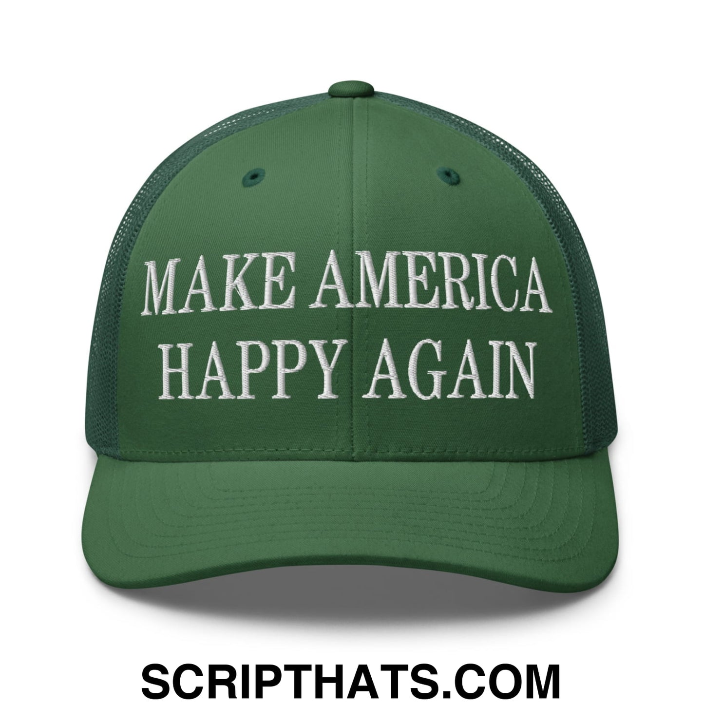 Green mesh trucker hat with white embroidered text reading make america happy again across the front