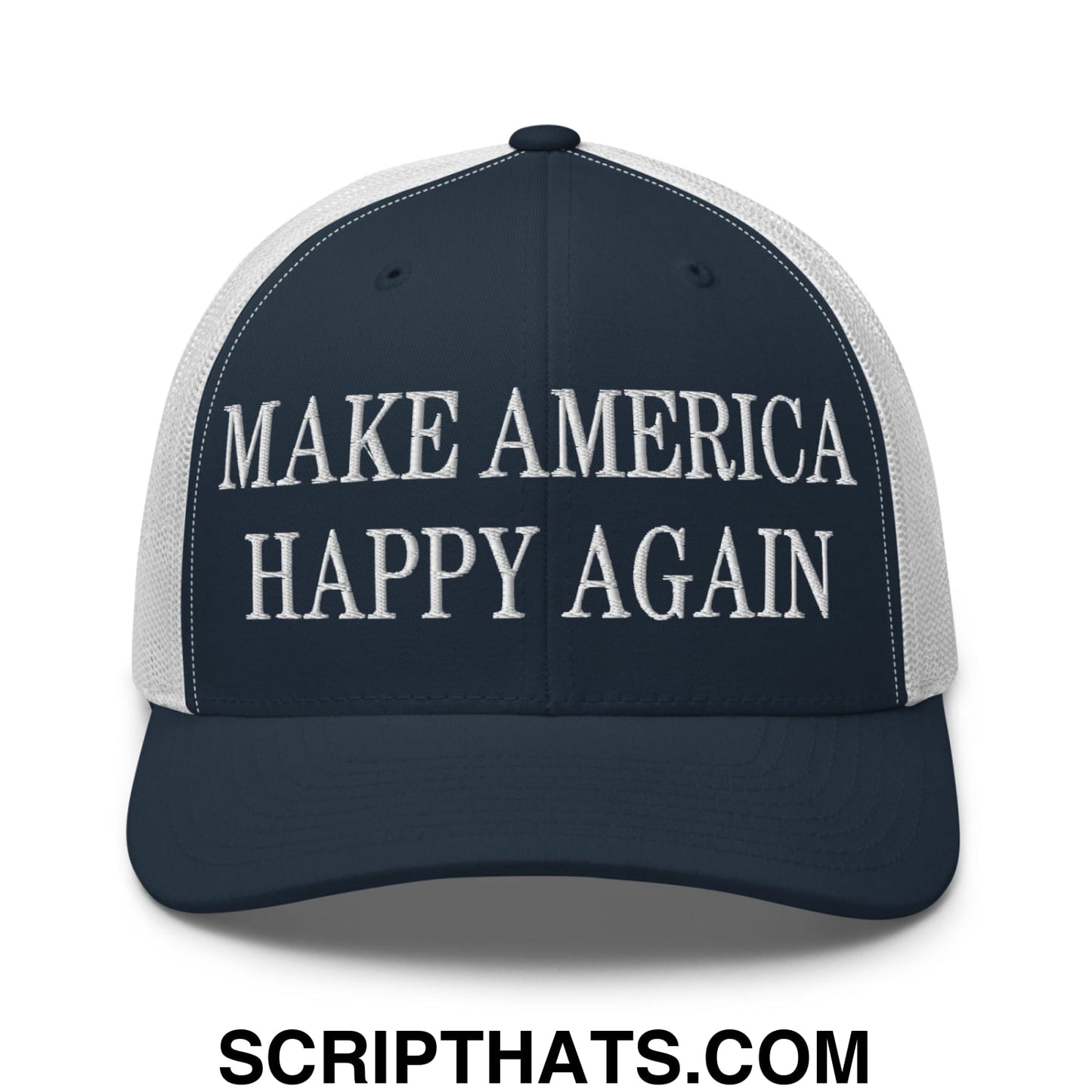 Navy blue and white embroidered mesh trucker hat with make America happy again text on the front panel