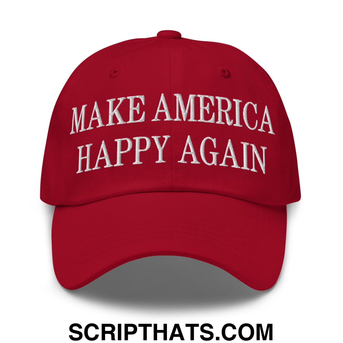 Red unstructured dad hat with white embroidered text reading make america happy again for casual wear