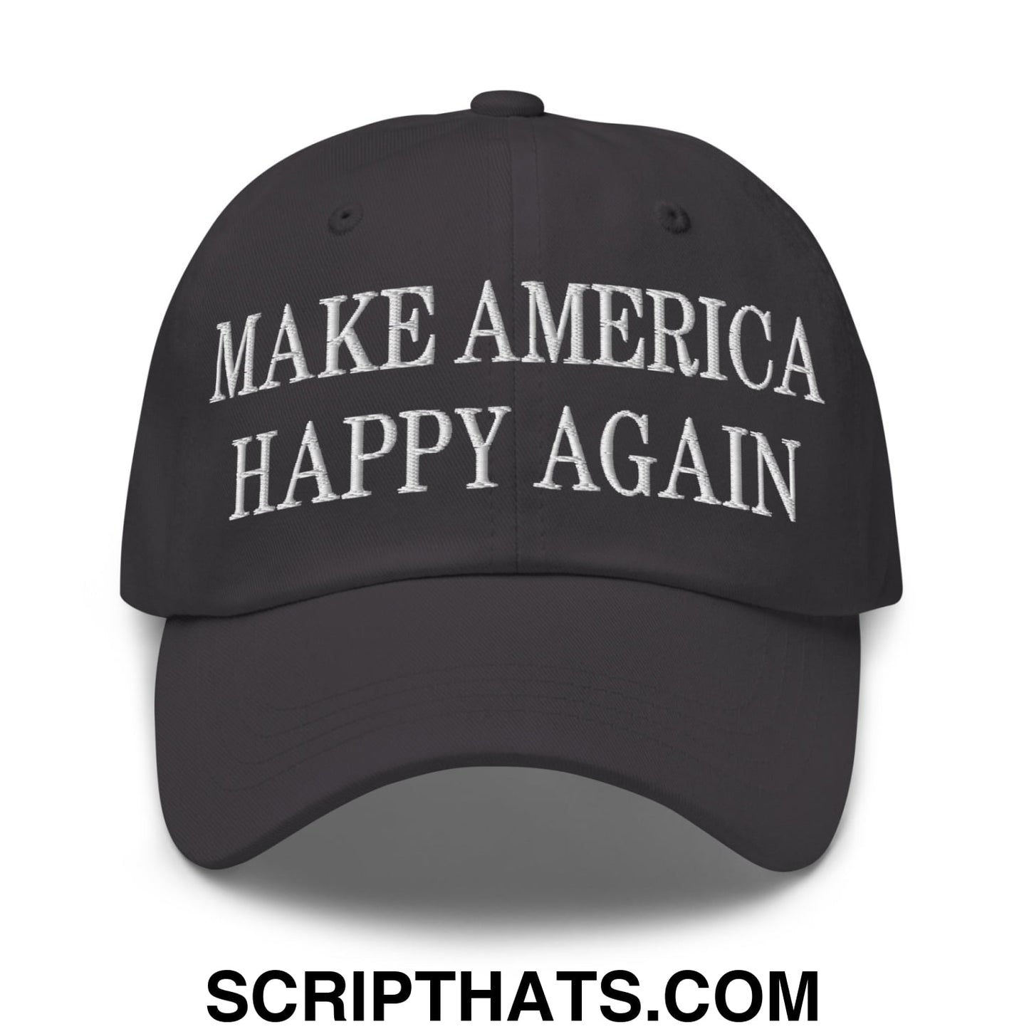 Black embroidered unstructured dad hat with white make america happy again text for casual wear