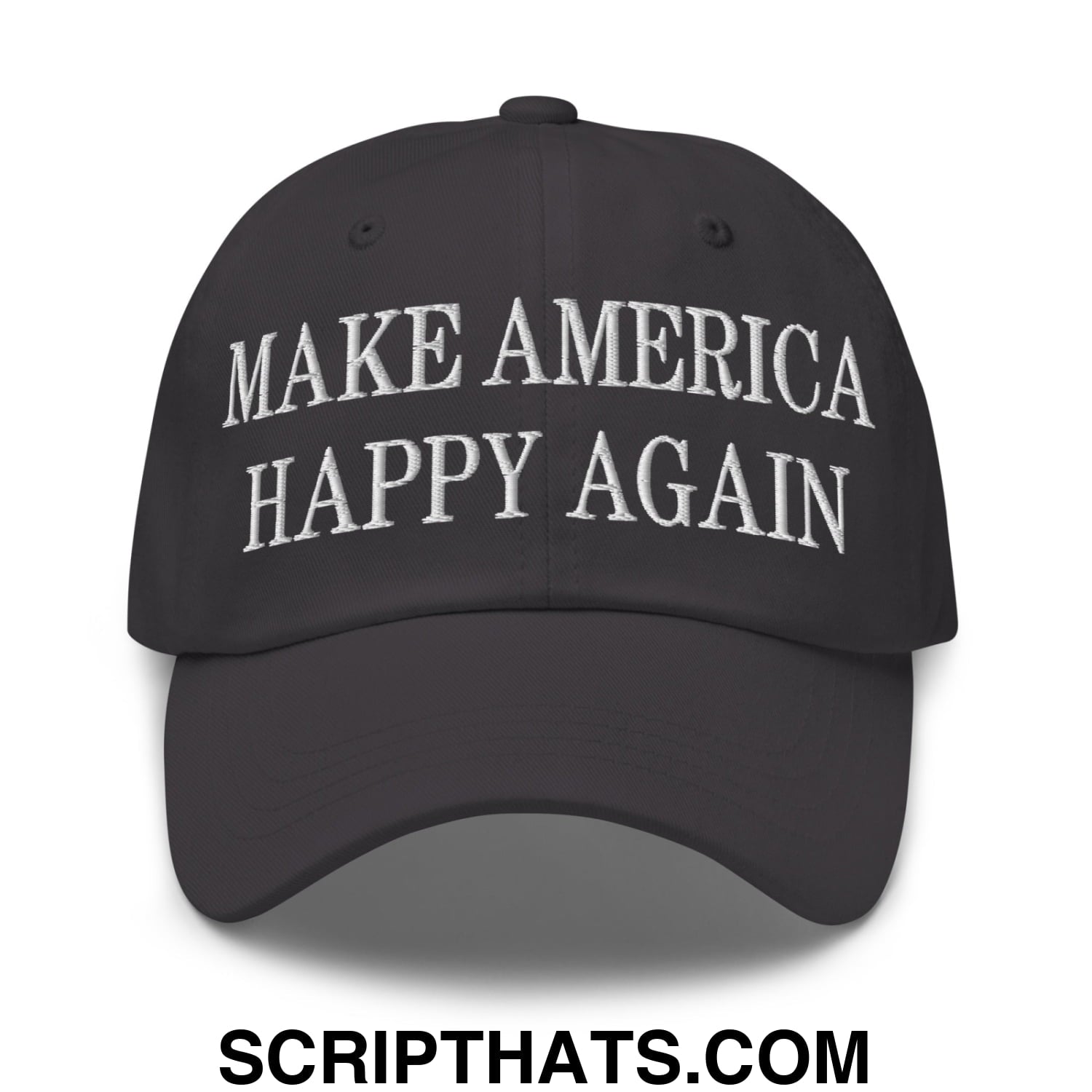 Black embroidered unstructured dad hat with white make america happy again text for casual wear