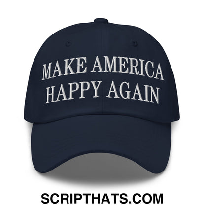 Navy blue unstructured dad hat with white embroidered make America happy again text for casual wear