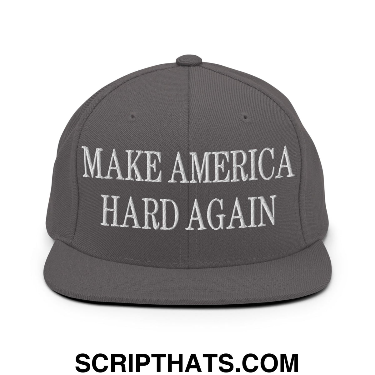 Gray snapback hat with white embroidered make america hard again text and flat bill brim for casual wear