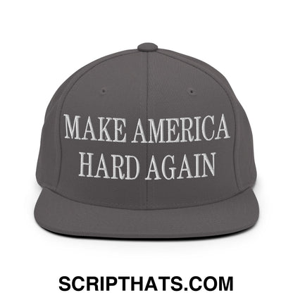 Gray snapback hat with white embroidered make america hard again text and flat bill brim for casual wear