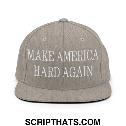 Gray snapback hat with white embroidered make america hard again text and flat bill brim in a bold design