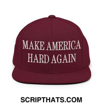 Maroon flat bill brim snapback hat with white embroidered make America hard again text for casual wear