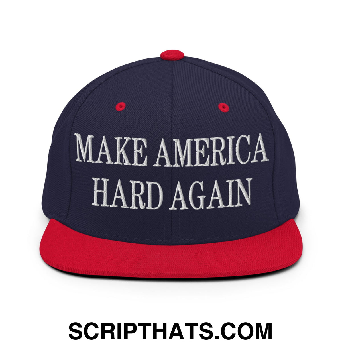 Navy blue and red snapback hat with white embroidered make america hard again text and flat bill brim