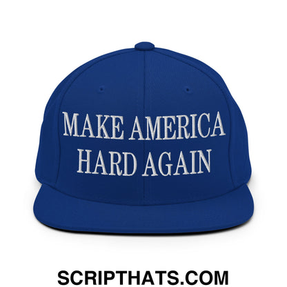 Royal blue snapback hat with white embroidered make america hard again text and flat bill brim design