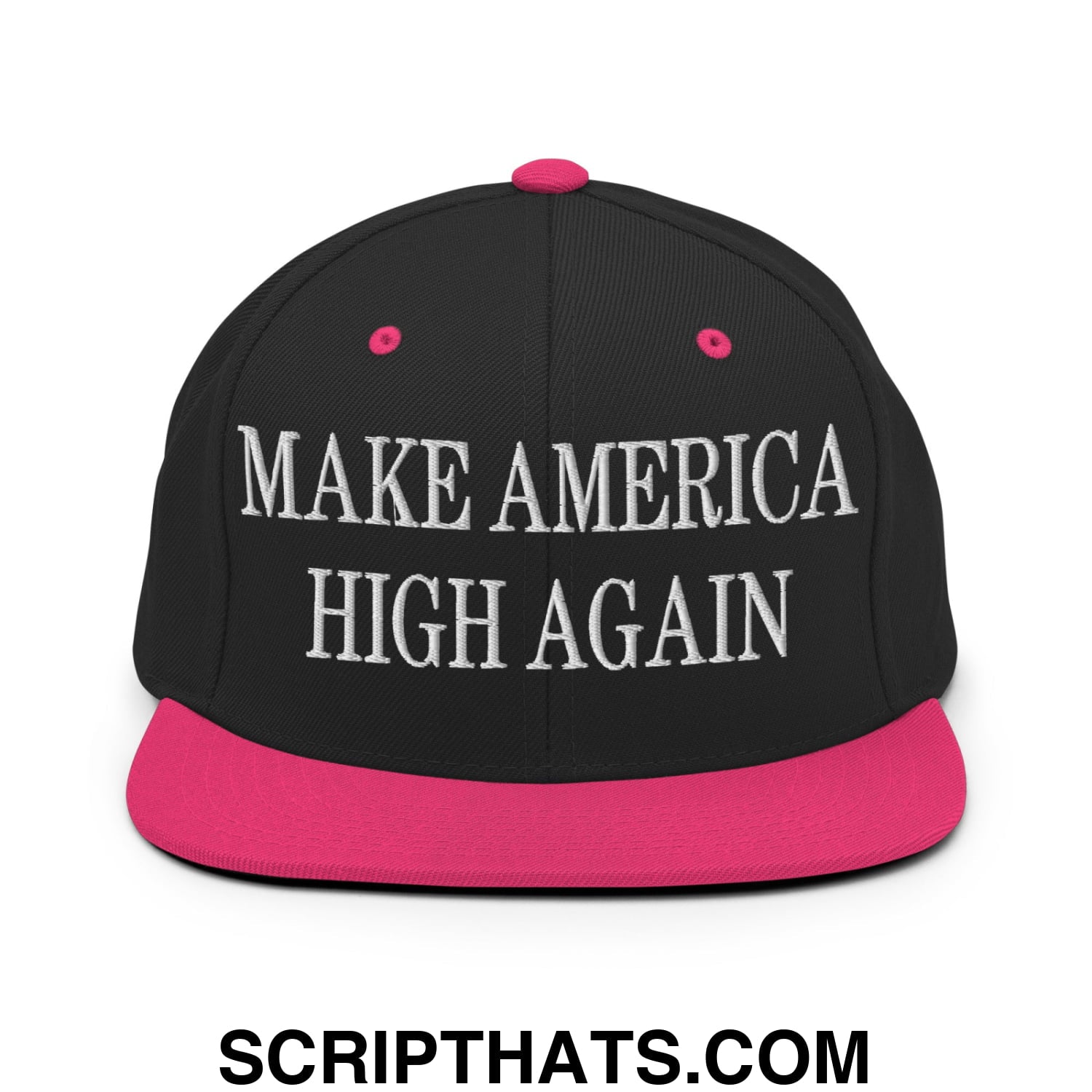 Black snapback cap with a vibrant pink brim and button featuring white embroidered make america high again text