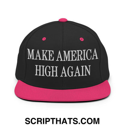 Black snapback cap with a vibrant pink brim and button featuring white embroidered make america high again text