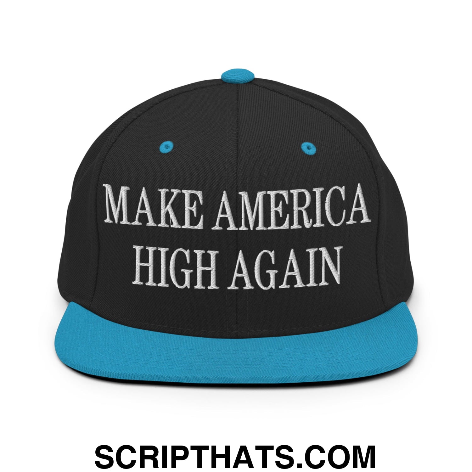 Black snapback cap with teal brim and button featuring white embroidered text make america high again