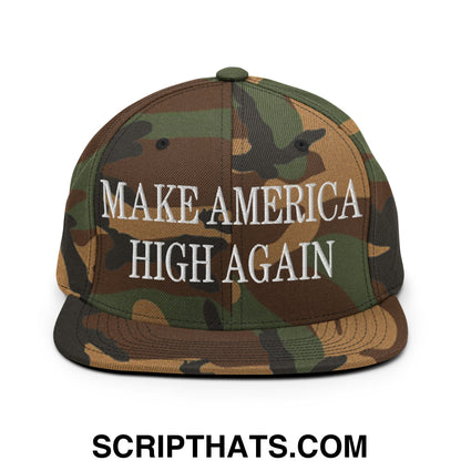 A camouflage-patterned snapback hat with white embroidered text reading make america high again and a flat bill brim