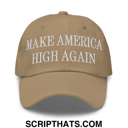 Tan unstructured dad hat with white embroidered make america high again text for casual wear