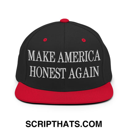Black and red snapback hat with white embroidered make america honest again text and flat bill brim