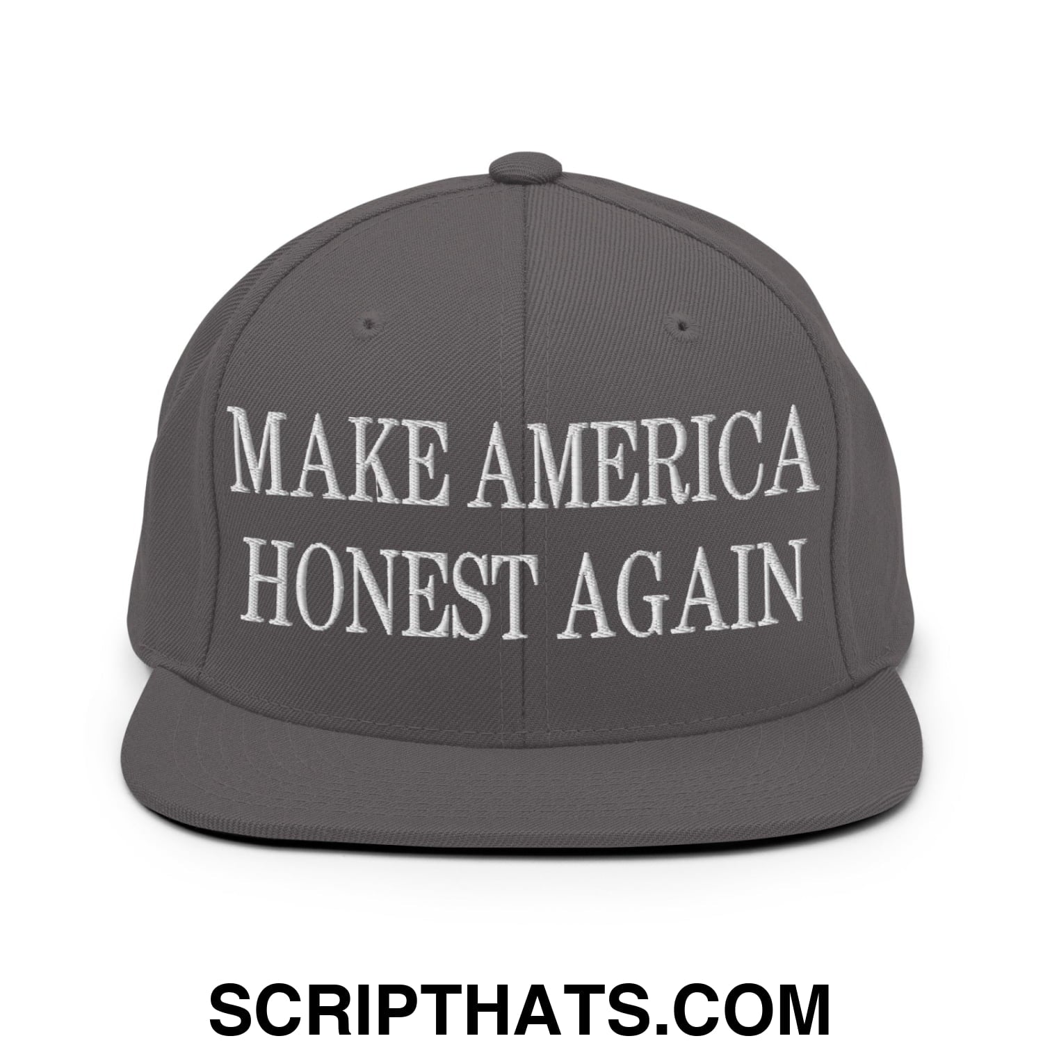 Gray snapback cap with white embroidered make america honest again text and flat bill brim for casual wear