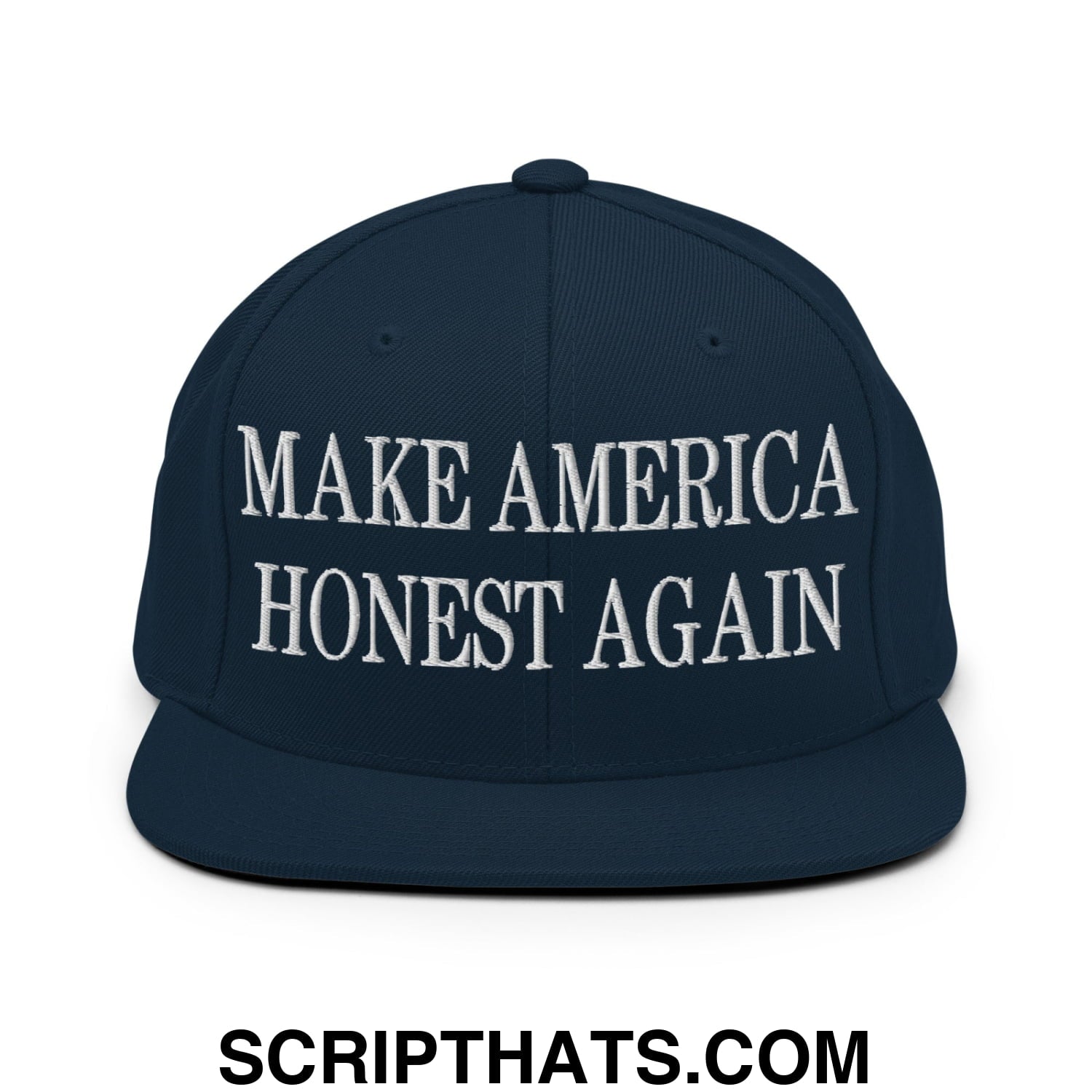 Navy blue snapback hat with white embroidered make america honest again text and flat bill brim design