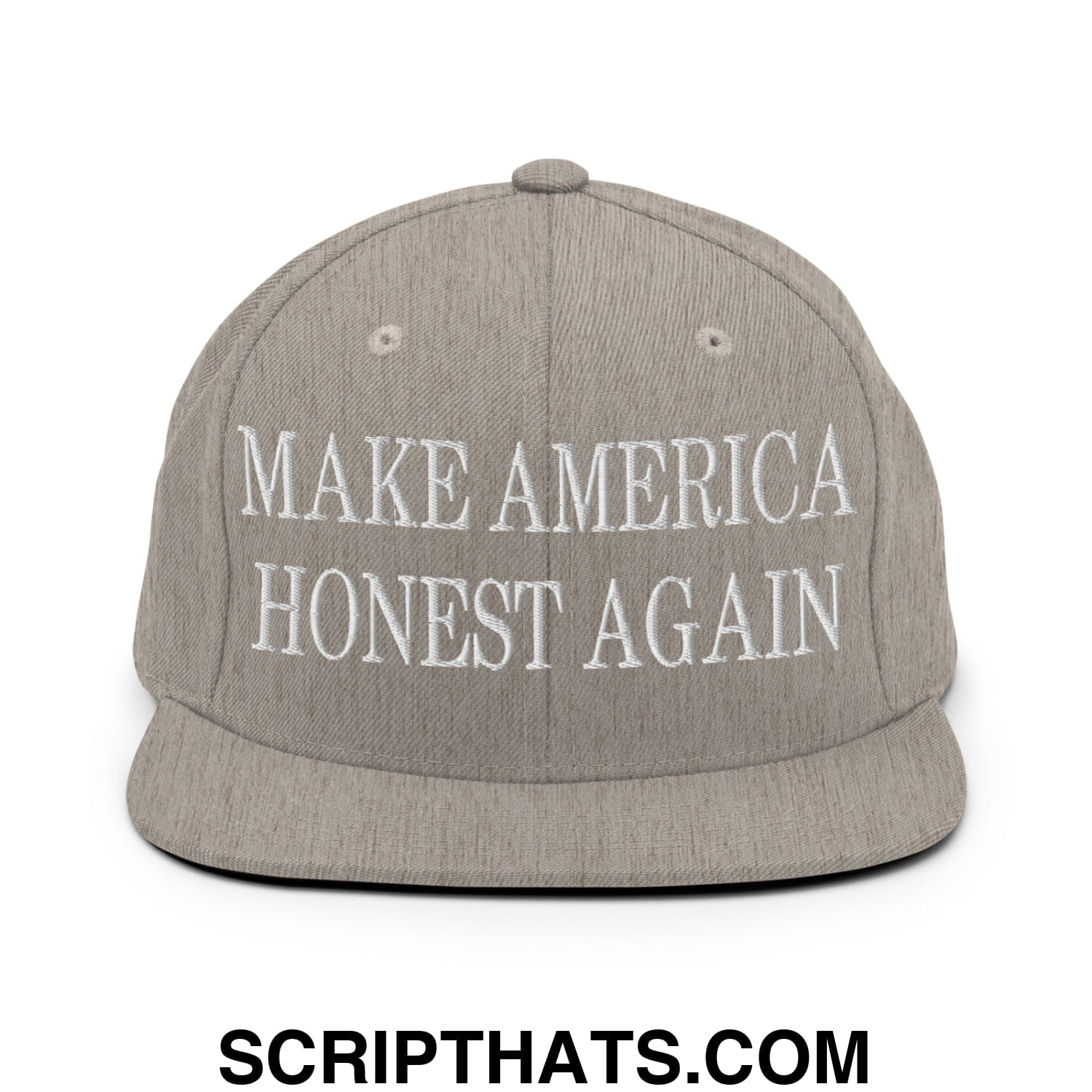 Gray snapback hat with white embroidered make america honest again text and flat bill brim for casual wear