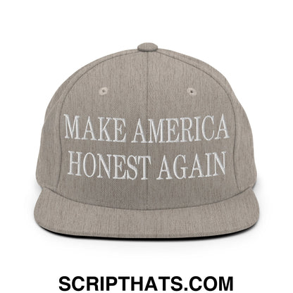 Gray snapback hat with white embroidered make america honest again text and flat bill brim for casual wear
