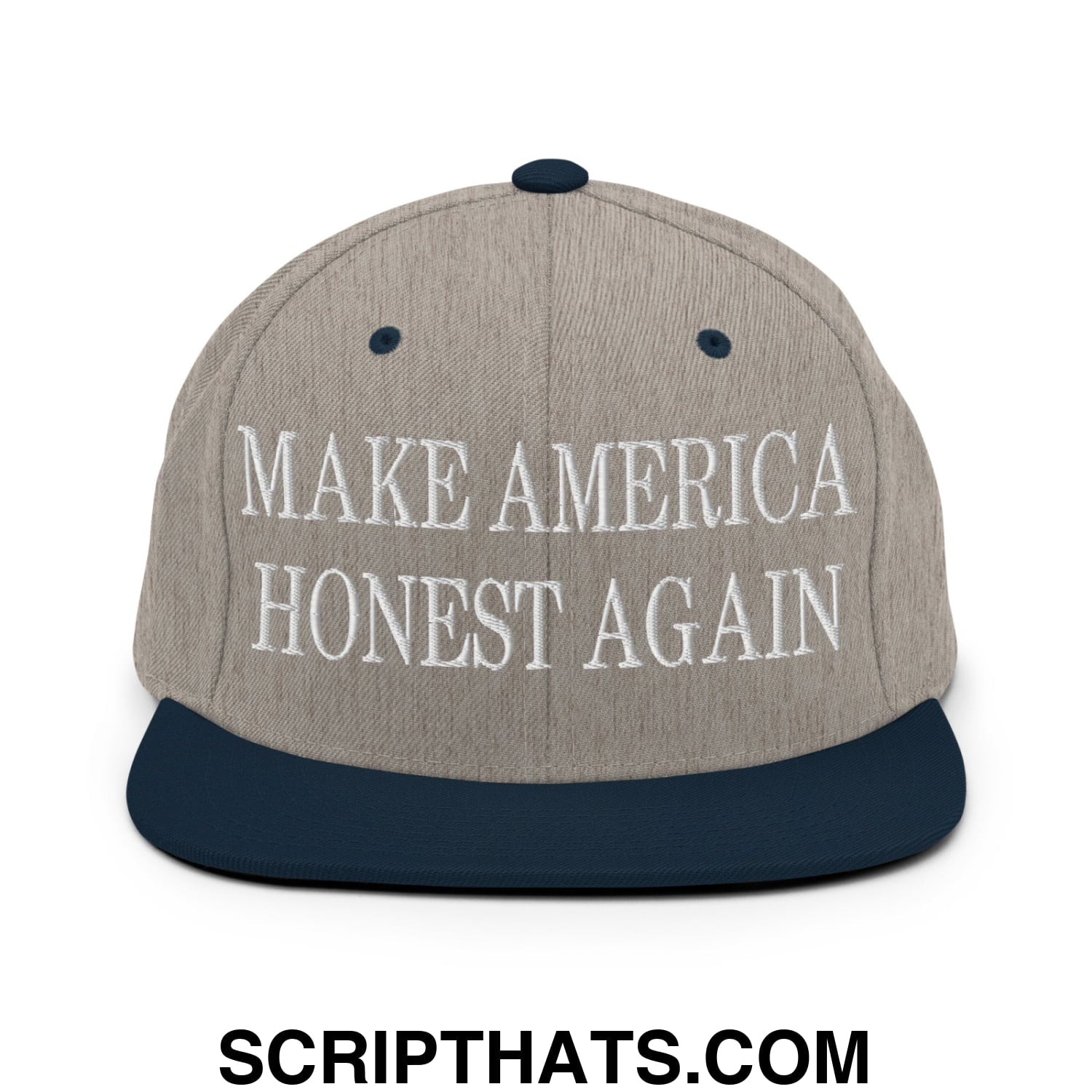 A gray and navy blue snapback hat with white embroidered text reading make america honest again on the front