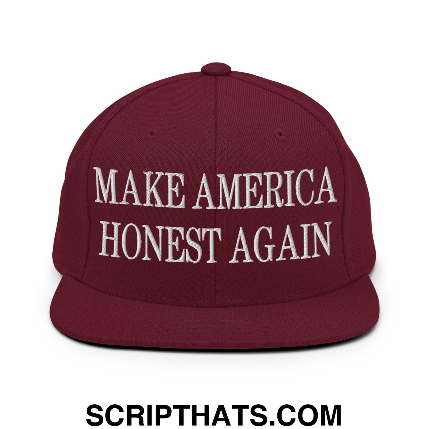 Maroon flat bill brim snapback hat with white embroidered make america honest again text for casual wear