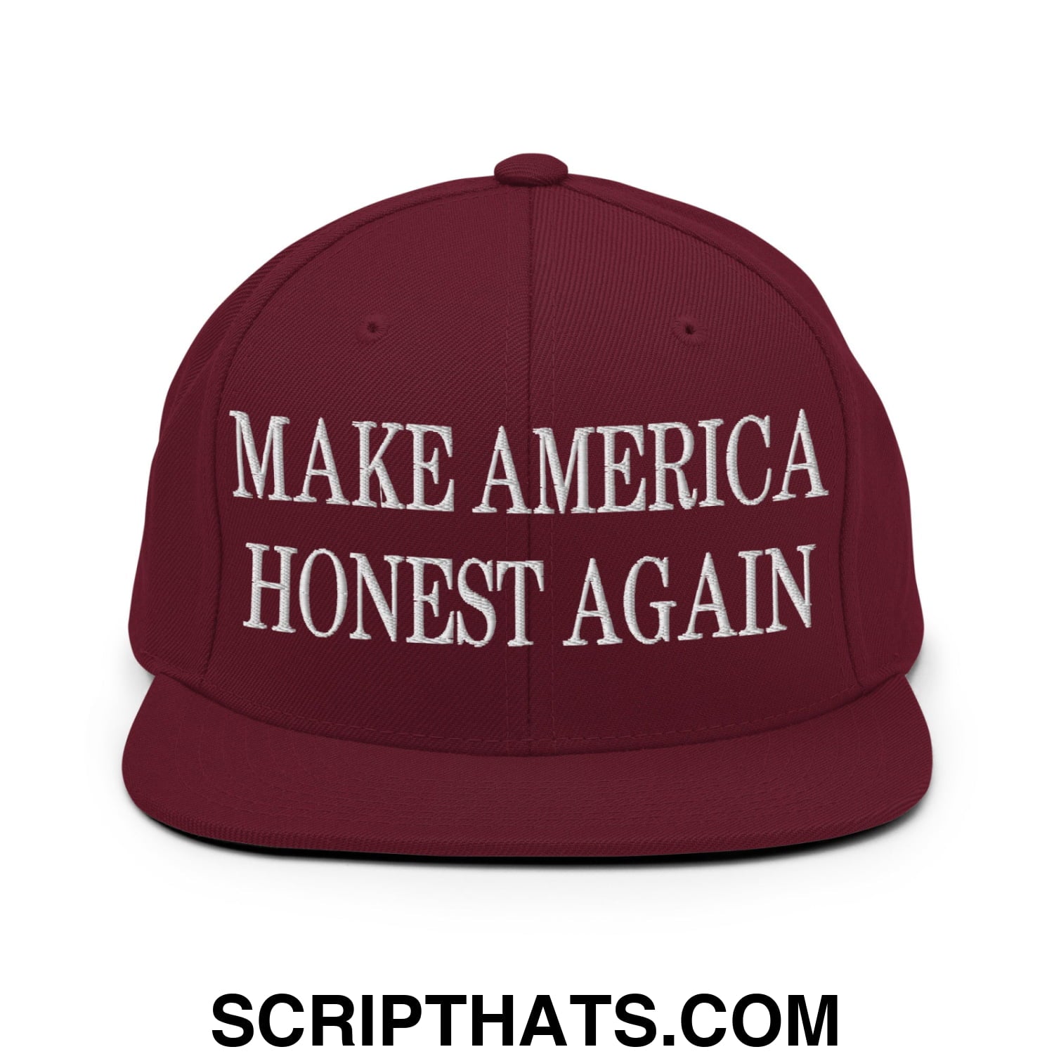 Maroon flat bill brim snapback hat with white embroidered make america honest again text for casual wear