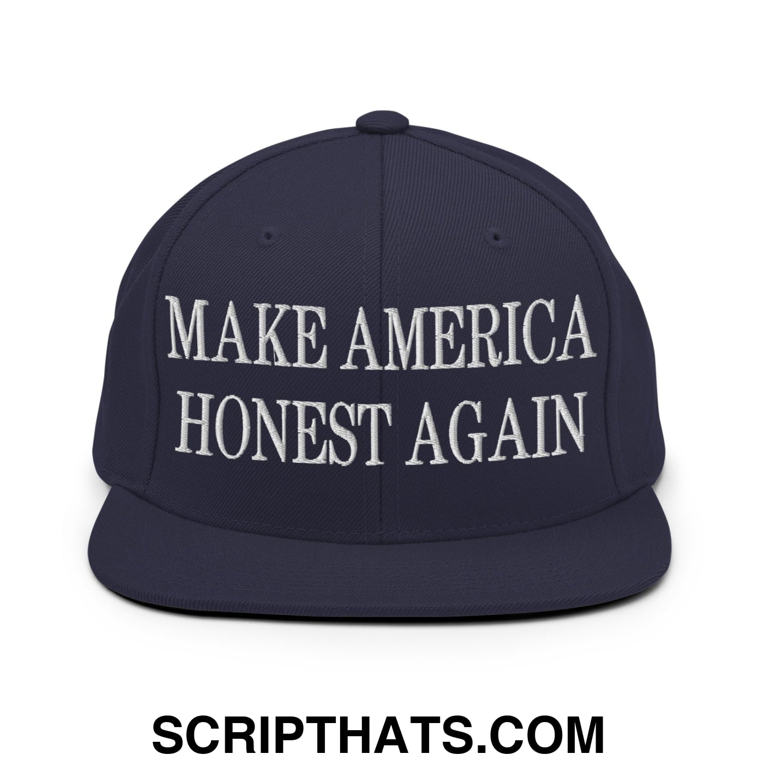 Navy blue snapback hat with white embroidered make america honest again text and flat bill brim design
