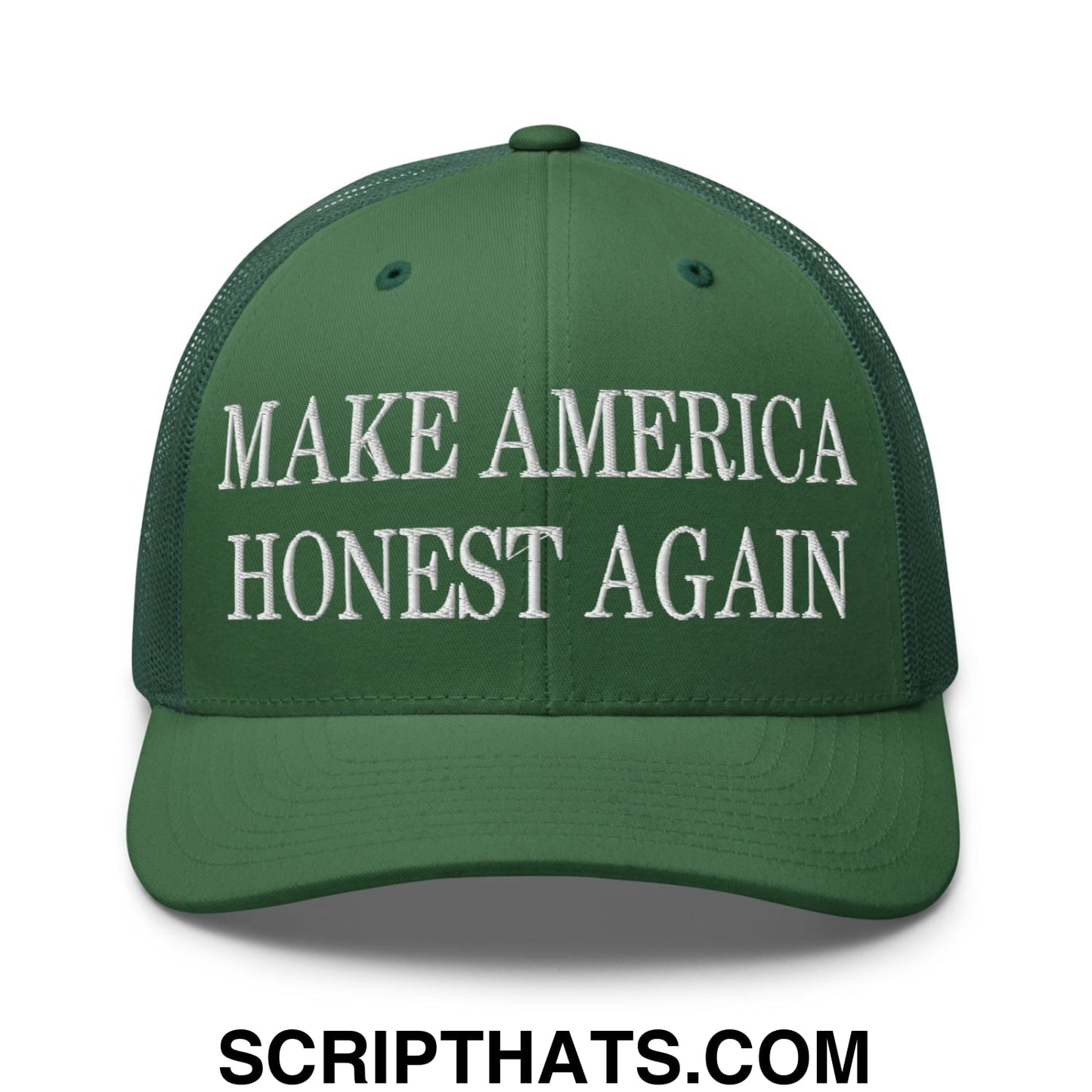 Green mesh trucker hat with white embroidered make america honest again text on the front panel