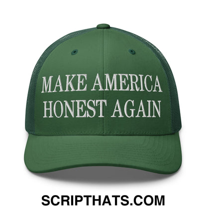 Green mesh trucker hat with white embroidered make america honest again text on the front panel