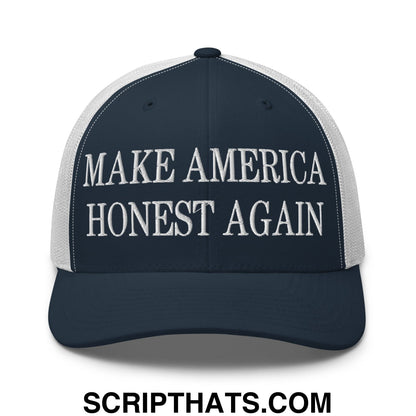 Navy blue and white mesh trucker hat with embroidered make america honest again text on the front panel