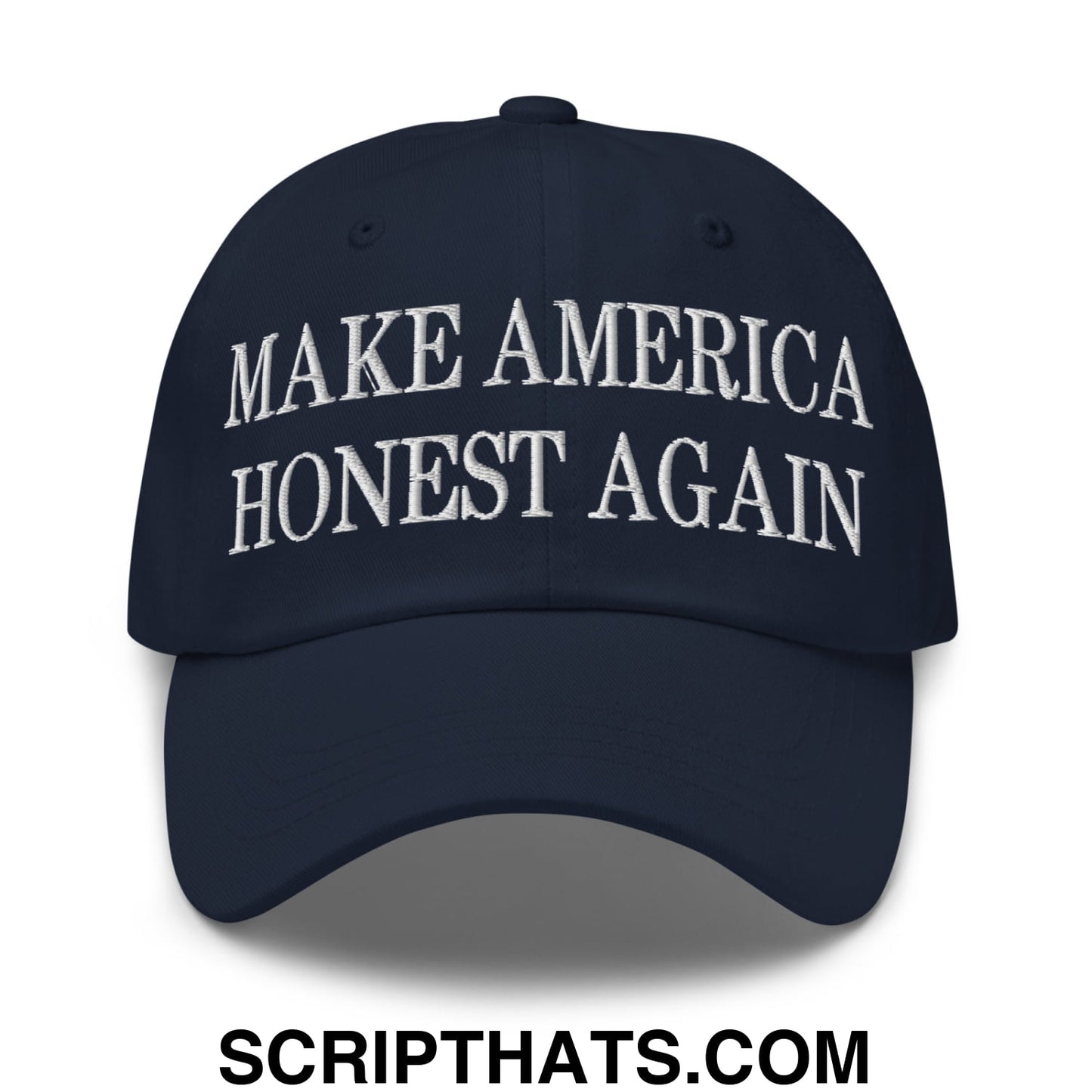 Navy blue unstructured dad hat with white embroidered make america honest again text for casual wear