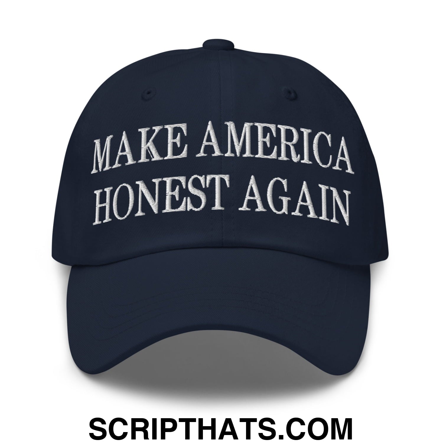 Navy blue unstructured dad hat with white embroidered make america honest again text for casual wear