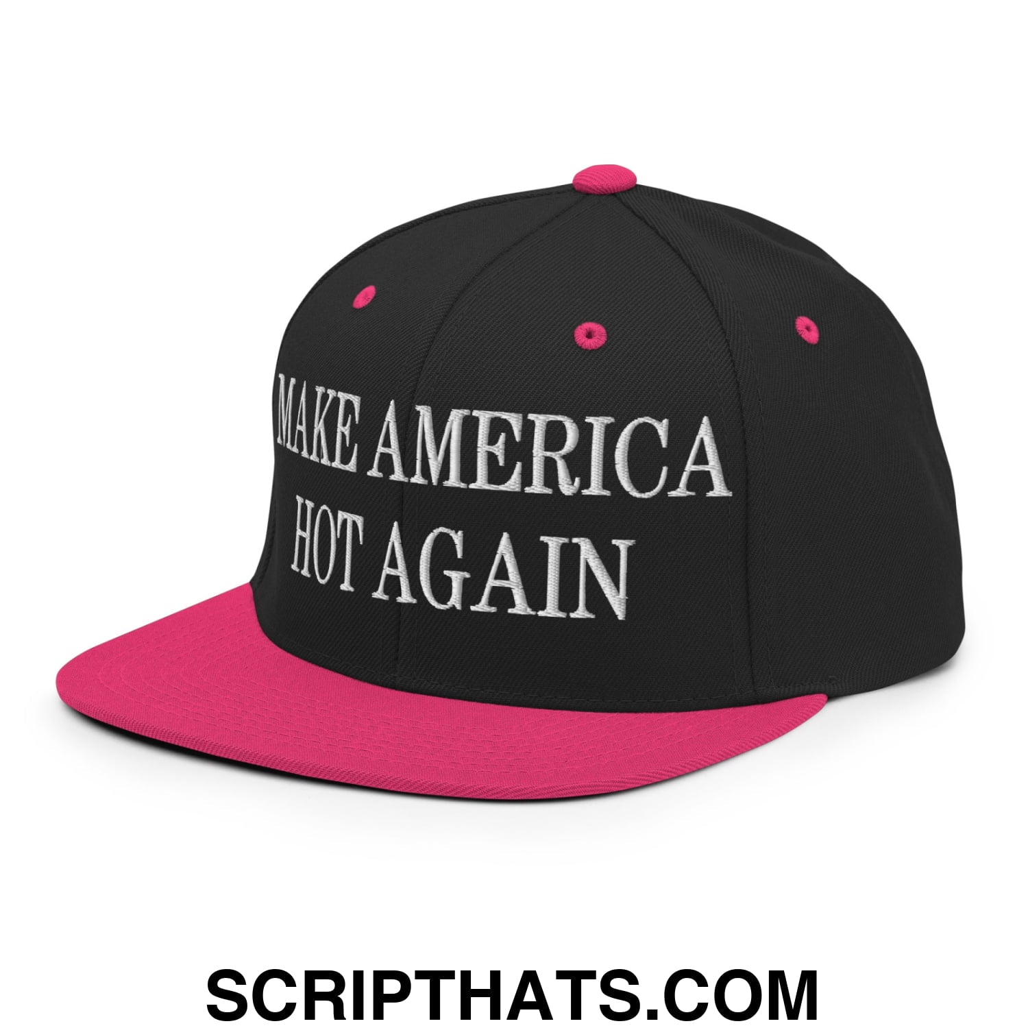 Black snapback cap with vibrant pink brim and button featuring white embroidered make america hot again text